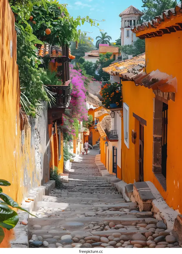 Cobblestone Street in a Colorful Town