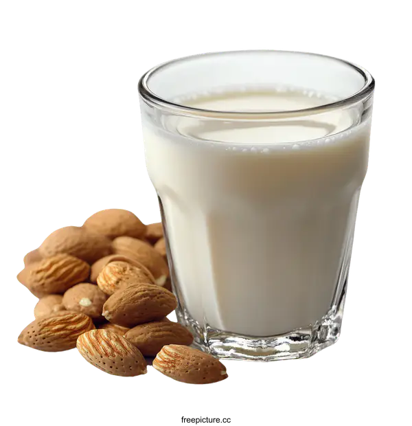[Transparent Background PNG]Almond Milk in Glass with Almonds
