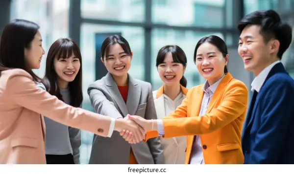 A group of young business people shaking hands in a modern office