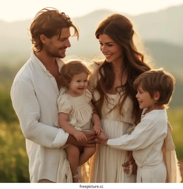 Happy family of four in a field at sunset