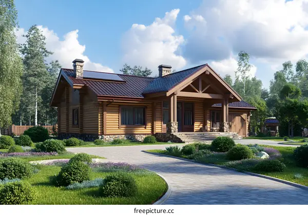 Modern Log Cabin Home with Patio and Landscaping