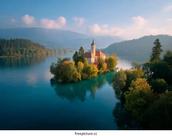 Lake Island Church in Autumn Colors