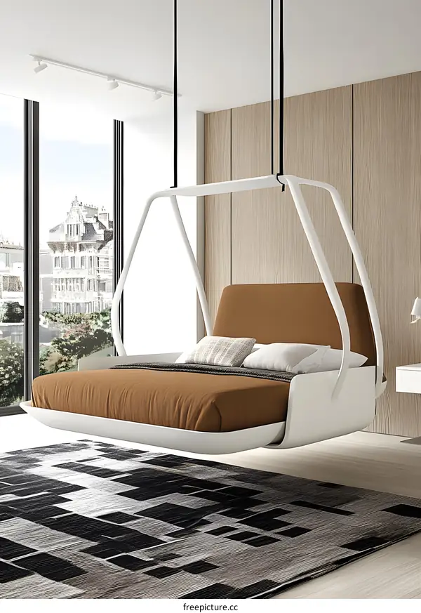 Modern Hanging Bed Design in Minimalist Bedroom Interior