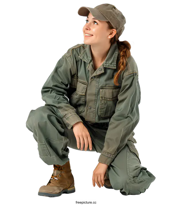 [Transparent Background PNG]portrait of a smiling young woman in military green overalls and a cap