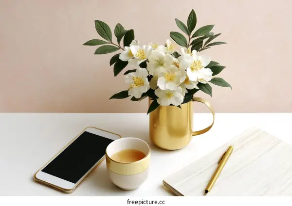Elegant Workspace Arrangement with Flowers and Accessories
