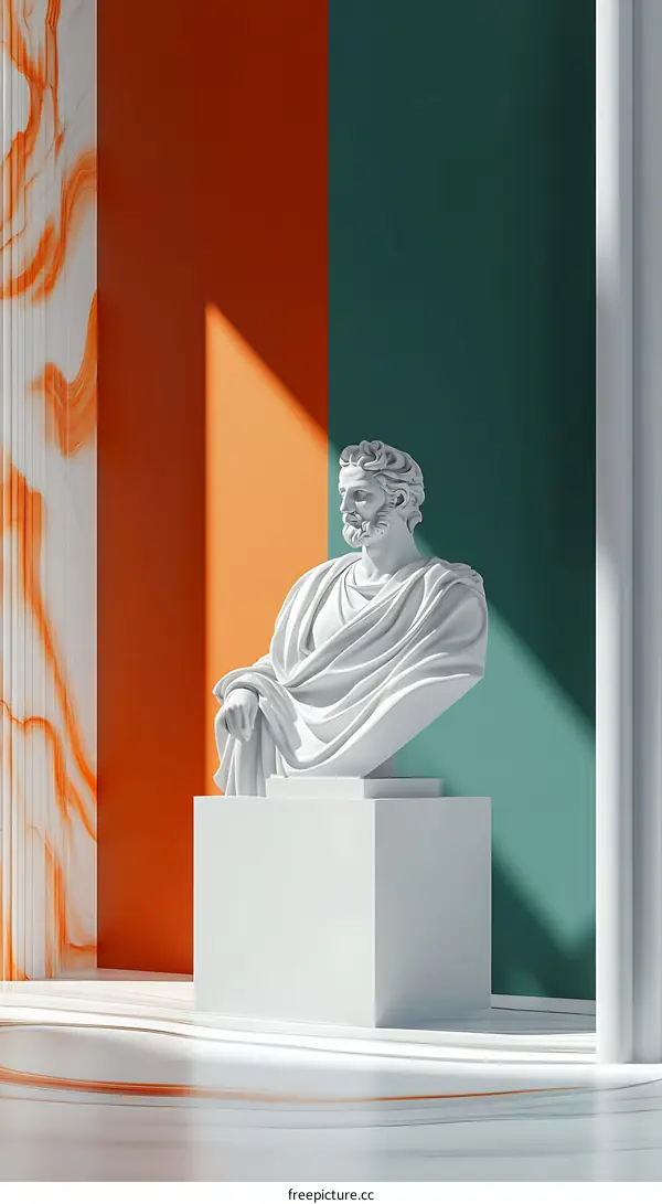 White Marble Bust Sculpture in Modern Interior with Orange and Green Walls