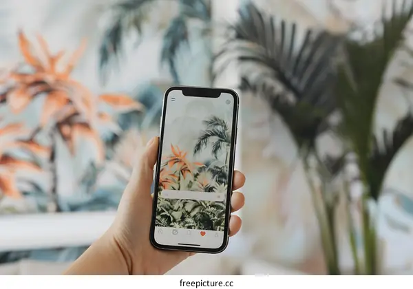 Hand Holding Smartphone With Palm Trees Displayed on the Screen