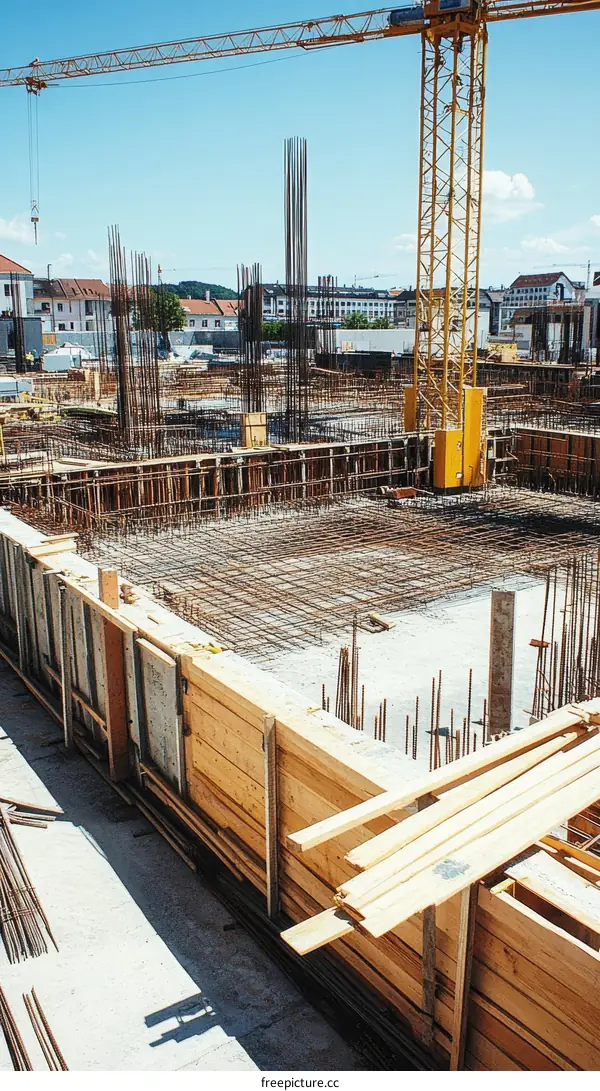 Construction Site with Crane and Wooden Formwork