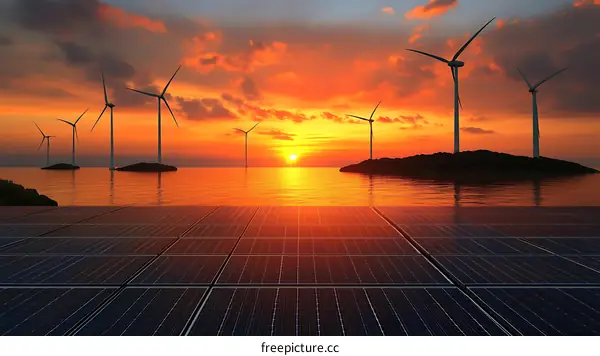 Renewable Energy Sunset Over Solar Panels and Wind Turbines
