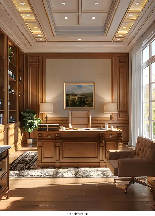 Luxury home office interior with wood paneling