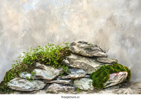 Green Plants Growing on Stack of Rocks with Gray Wall Background