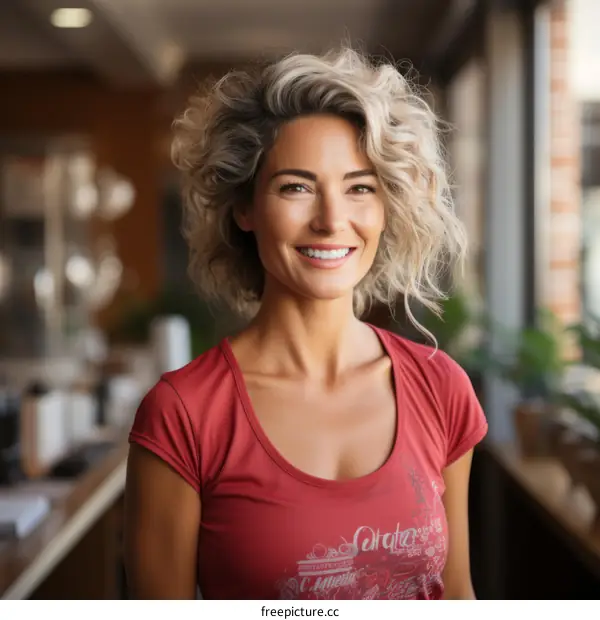 Portrait of a smiling woman with short blonde hair