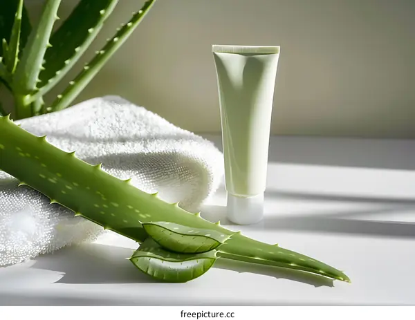 Aloe Vera Leaf With Cream Tube and Towel On White Surface