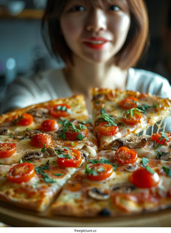 Close-up of a woman holding a pizza