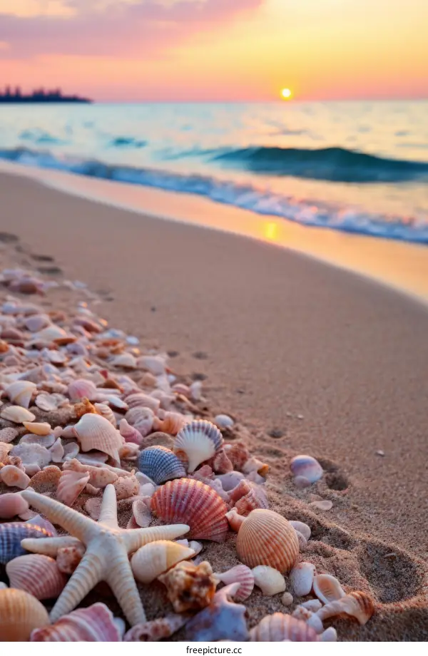 Beach shells with starfish in the setting sun