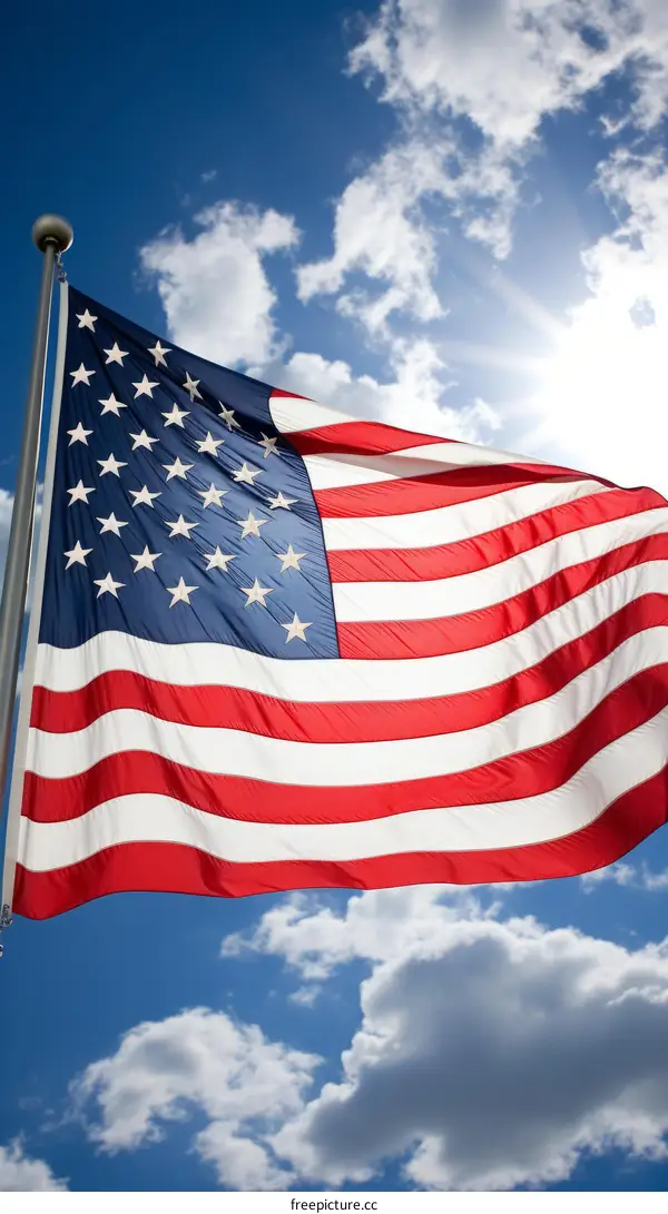 Close up of American flag waving in the wind against a blue sky with white clouds