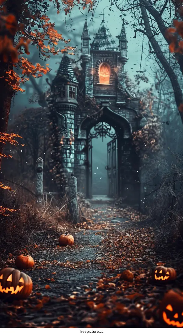 Spooky castle in the middle of a foggy forest with pumpkins on the pathway