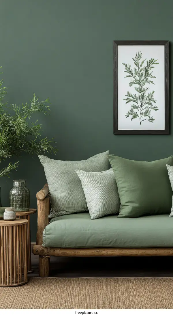Green Living Room Interior Design with Wooden Sofa