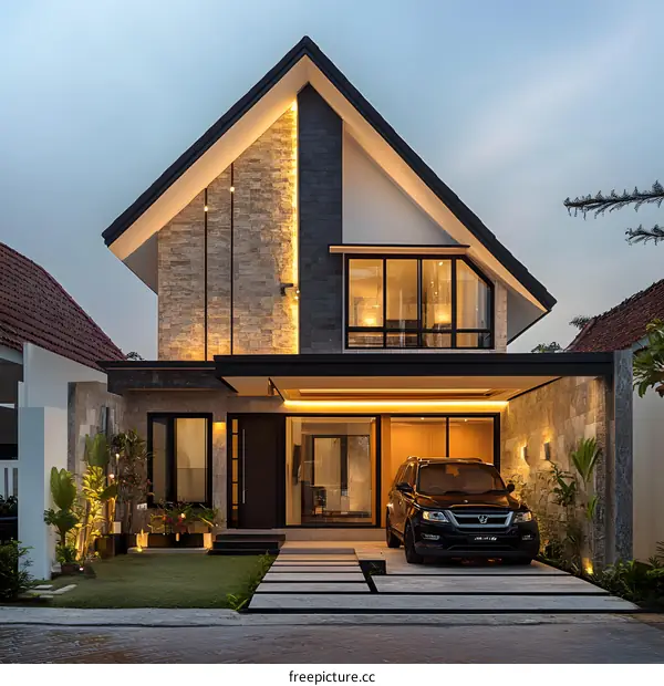 Modern Minimalist Home Design with Stone Facade and Large Windows