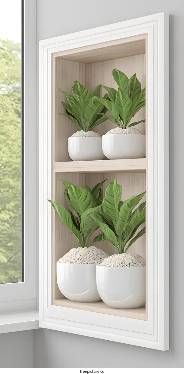 White Wall Mounted Shelf With Green Plants