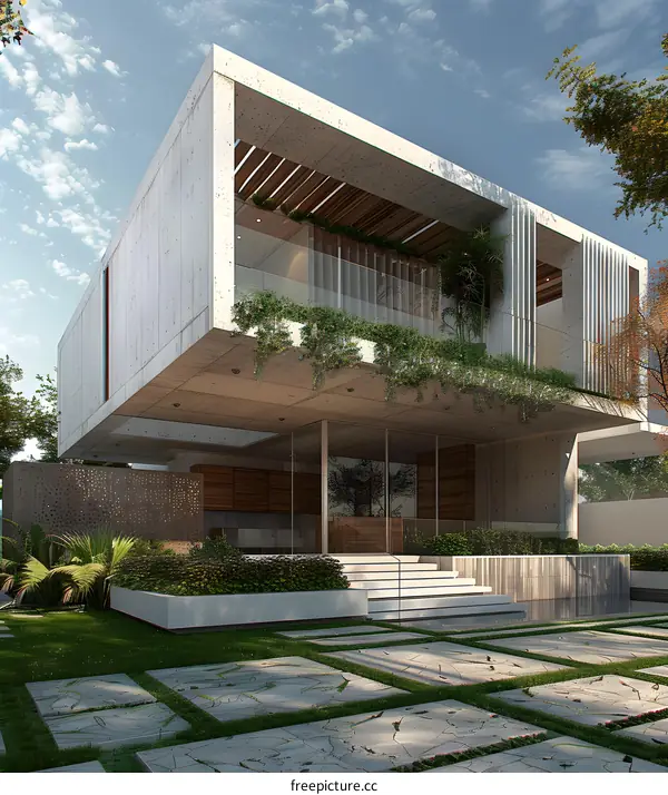 Modern Concrete House with Green Roof and Garden