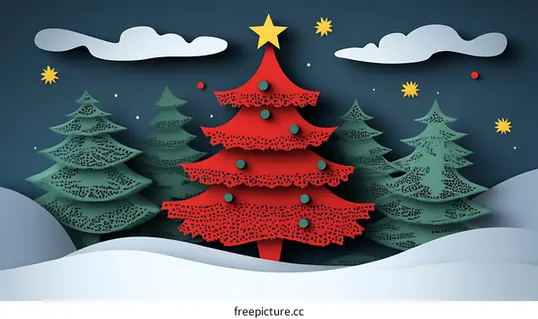 Christmas Trees in Winter Wonderland Paper Cut Illustration