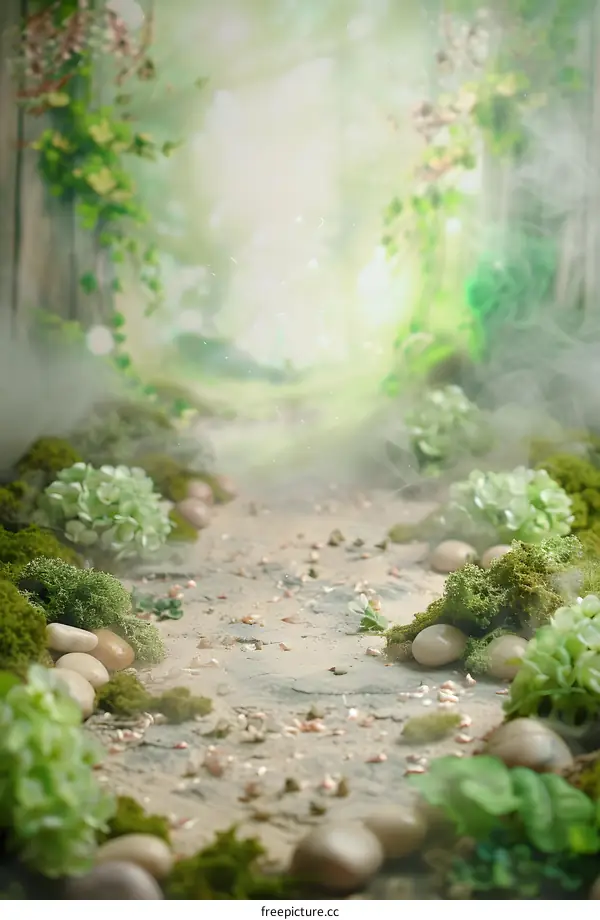 Green Forest Path With Moss and Stones