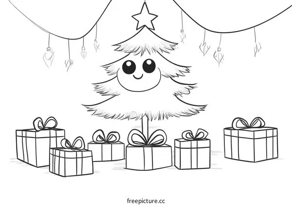 Cute Christmas Tree with Presents and Decorations Coloring Page