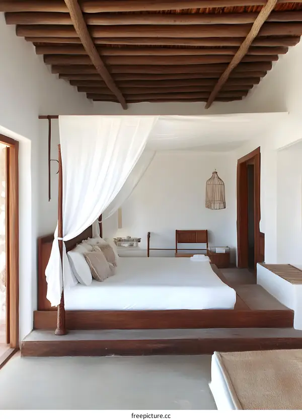 White Canopy Bed in Minimalist Bedroom with Wooden Ceiling