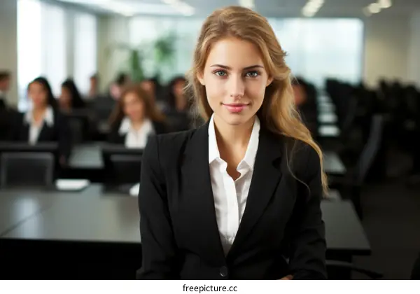 Confident businesswoman with colleagues in background