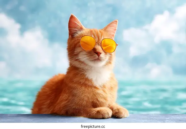 Playful Cat Wearing Sunglasses by the Seaside