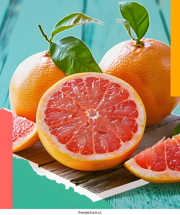 Fresh Grapefruit Slices on Wooden Cutting Board