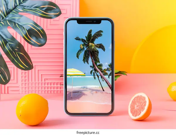 Tropical Beach Scene Displayed on Smartphone