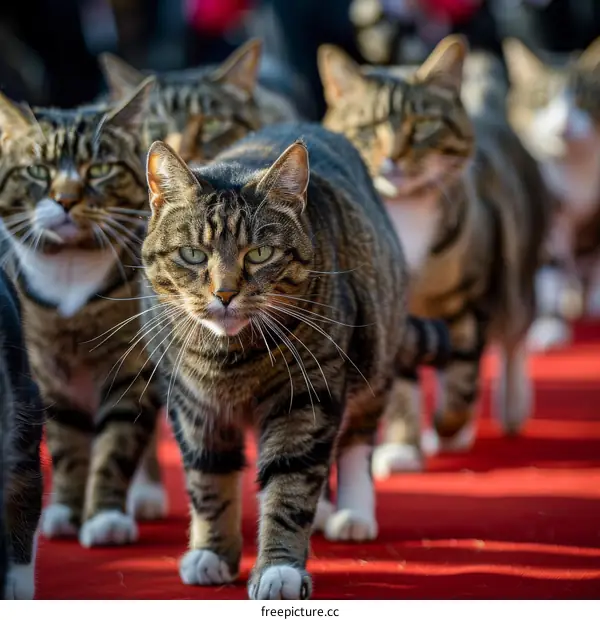 A group of cats walking on a red carpet