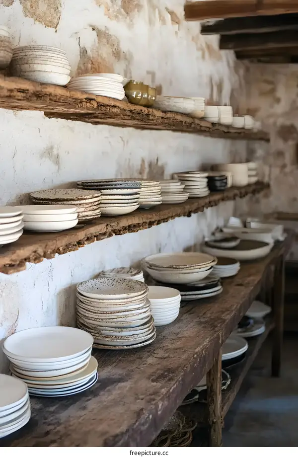 Rustic Kitchen Shelves With Stacked Ceramic Plates