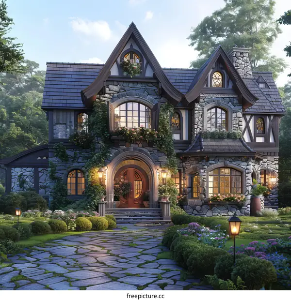 A beautiful stone house with a slate roof and a large front door.