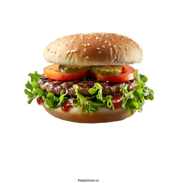[Transparent Background PNG]yummy hamburger with pickles tomatoes and lettuce