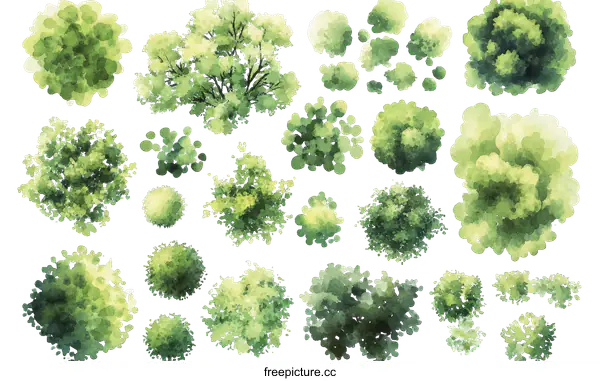 [Transparent Background PNG]Collection of Watercolor Tree and Shrub Top Views
