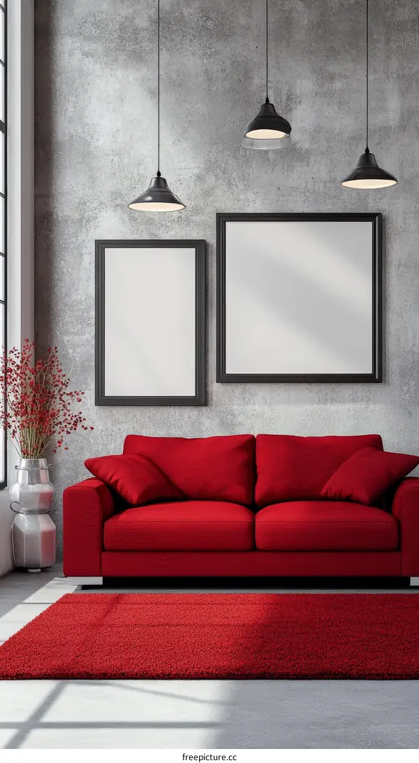 Modern Loft Living Room with Red Sofa and Empty Frames