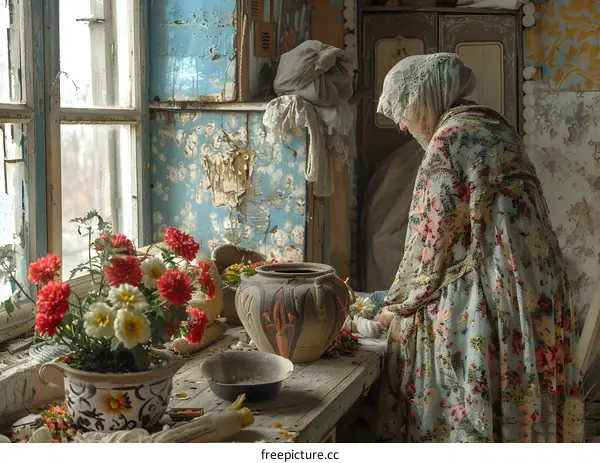 old woman in headscarf sits at table with flowers