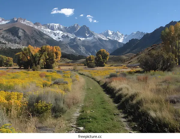 Mountains in the distance with yellow wildflowers in the foreground