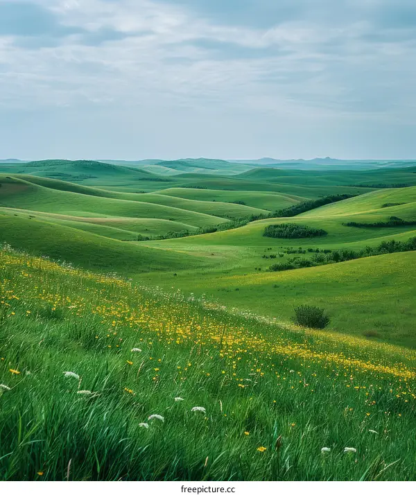 Vast green rolling hills with yellow flowers