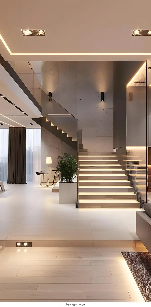 Modern Staircase Interior Design with Concrete Wall and Glass Railing