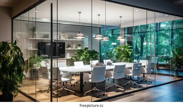A conference room with a large wooden table and white chairs. The room is surrounded by glass walls and has a view of the outside.