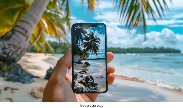 Hand Holding Smartphone with Tropical Beach Photo