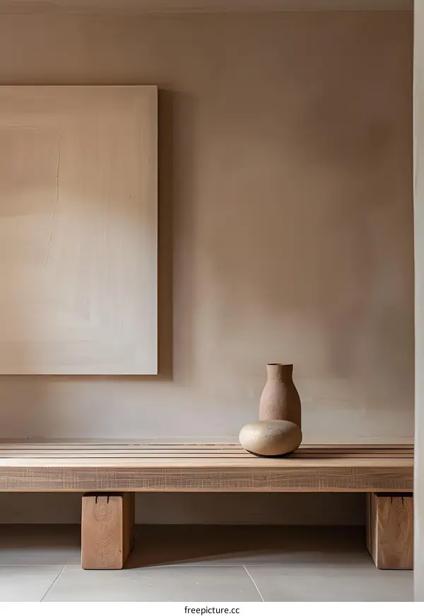 Minimalist Interior Design with Wooden Bench and Beige Walls