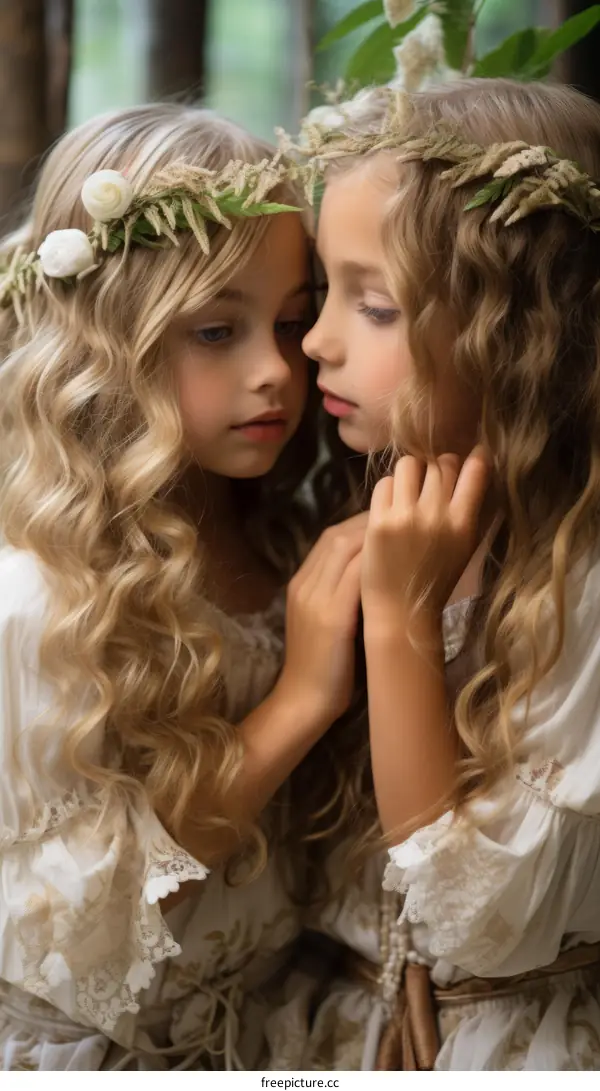 Two Little Girls in White Dresses with Flower Crowns in a Forest