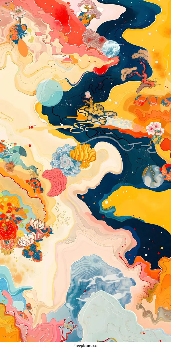 Abstract Painting With Flower Patterns and Planets