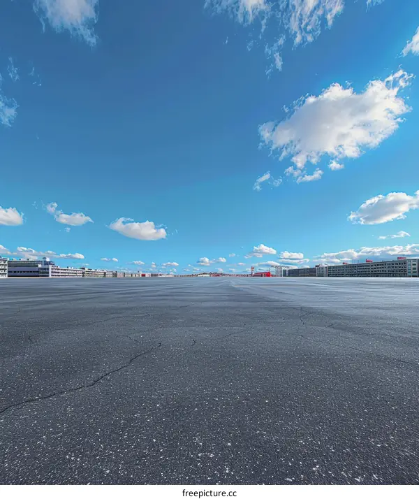 Empty Parking Lot with Blue Sky and White Clouds