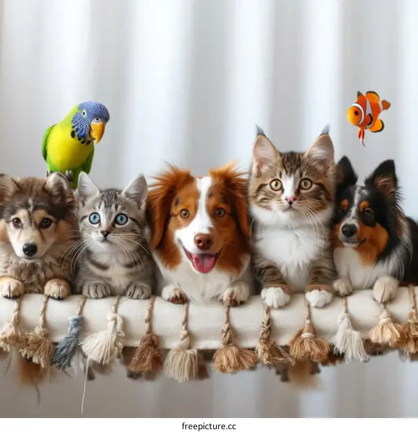 A Cute Group of Pets Including a Dog, Cat, Parrot and Fish